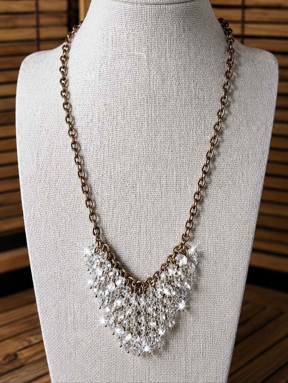 J. Crew Crystal Clear Faceted Beads Brass Tone Chainmaille Statement Necklace